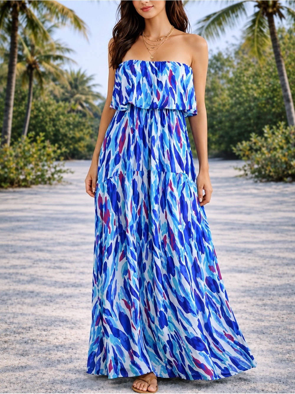 Japna Blue Multi-Print Strapless Maxi Dress